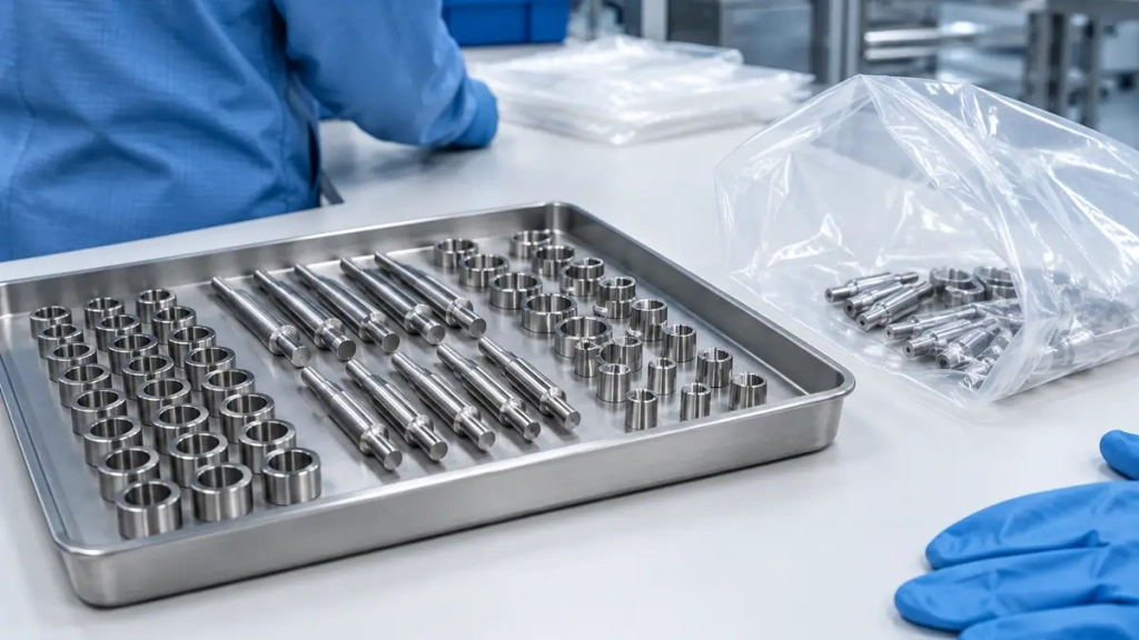 Pièces inox décolletées destinées à une salle blanche posées sur un plateau propre