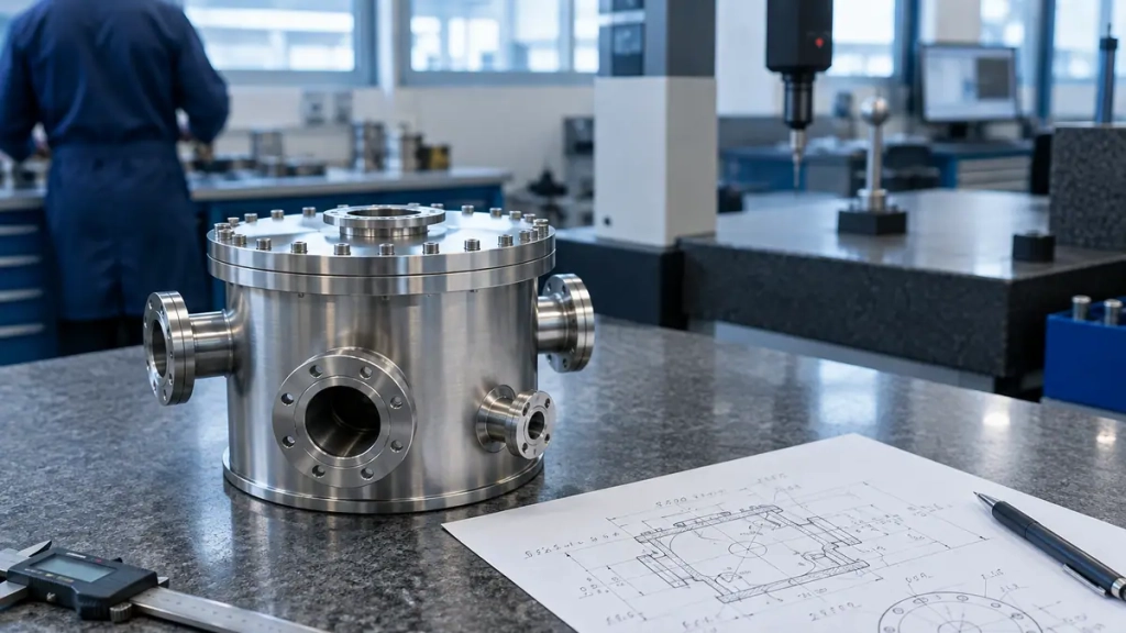 Pièce inox usinée pour un labo mécanique contrôlée avant montage sous vide