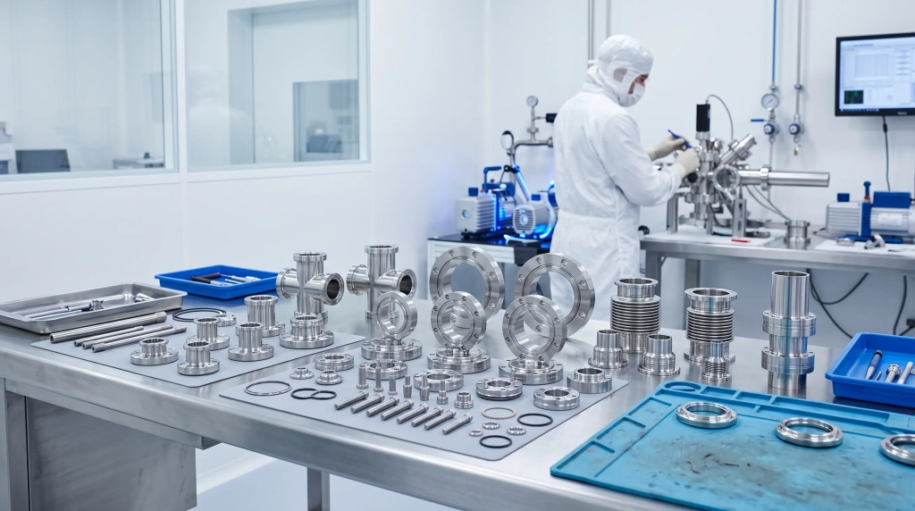 Pièces inox polies pour salle blanche pharmaceutique posées sur un plan de travail inox