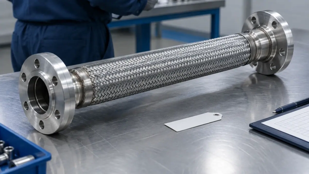 Tuyau flexible nucléaire en inox tressé équipé de brides de raccordement