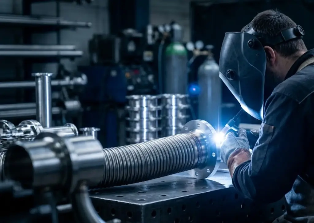 Soudage d’une bride sur un flexible inox nucléaire fabriqué sur mesure