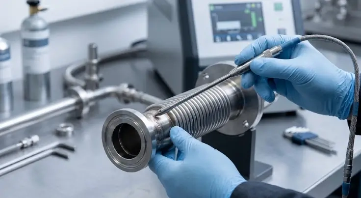 Flexible inox nucléaire à soufflet raccordé sur une ligne de vide industrielle