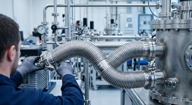 Flexible inox nucléaire à soufflet raccordé sur une ligne de vide industrielle