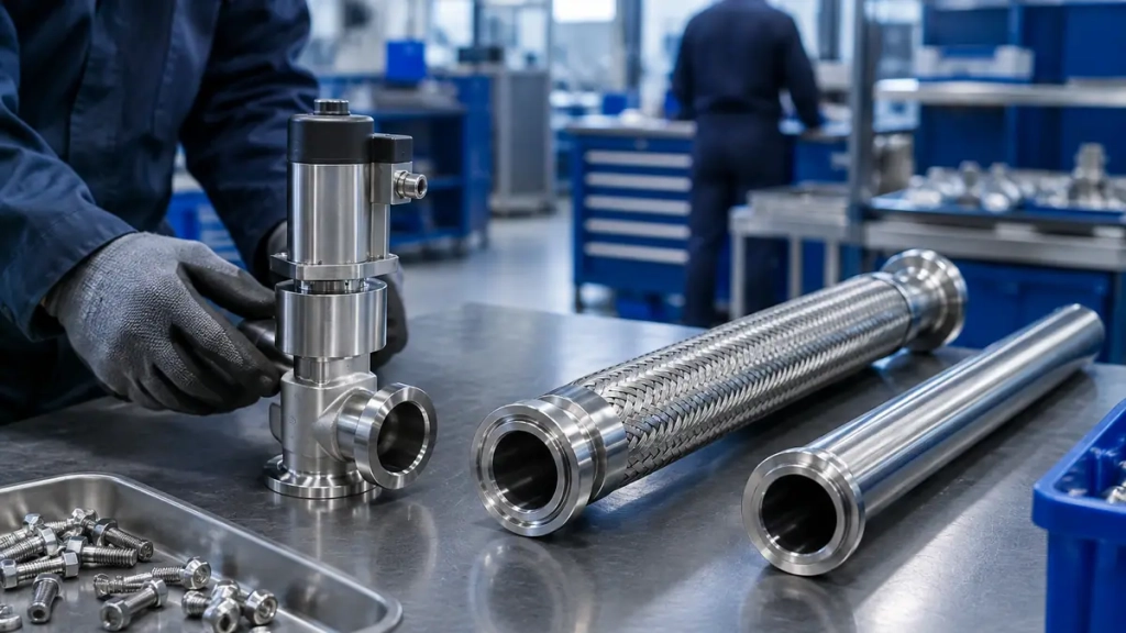 Vanne d'angle, flexible onduleux et tube inox prêts à monter sur une ligne sous vide