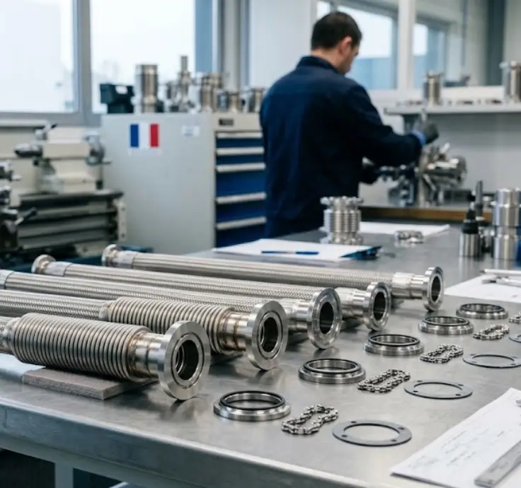 Soufflet de flexible inox nucléaire muni de brides KF sur établi